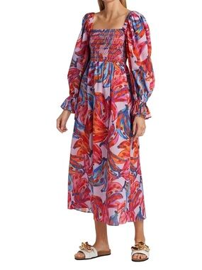 Pink Multicolor Smocked Midi Dress with Puff Sleeves and Banana Print